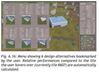 Menu showing 6 design alternatives bookmarked by the user